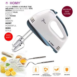 Homy Batteur Mixeur Mélangeur Stéréo 7 Vitesses - Moteur Cuivre Puissant, Fouets & Crochets à Pâte