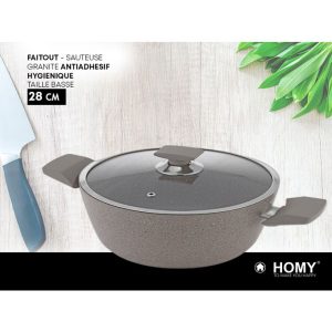 Homy Marmite Sauteuse en Granit 28cm Antiadhésive + Couvercle en Verre Trempé - Poêle à Induction