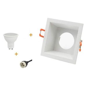PACK SPOT " Cadre Carré Blanc + Lampe Led Gu10 7w Lumière Jaune + Douille "