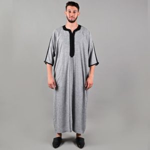 Jabador Maroc Gandoura Lin à la main Homme - Gris Noir