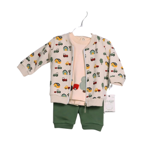 Ensemble bébé veste imprimée, t-shirt uni et pantalon vert