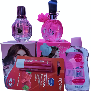 Pack Souvenir Parfumé et Beauty Rosa + Maycare Baby Oil + Strawberry Shine Lip Care