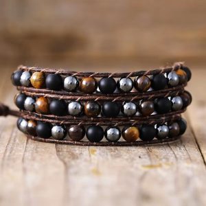 Bracelet Cuir Enroulé 3 Brins en Hématite, Agate et Œil de Tigre