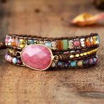 Bracelet Cuir Enroulé 3 Brins en Rhodonite et Jaspe