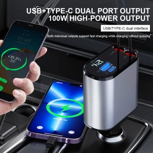 Chargeur de voiture rétractable 4 en 1, adaptateur starlight, charge rapide, pour iPhone Huawei Samsung