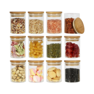 WAITER TREE Lot de 12 bocaux en verre hermétique-Pots de conservation avec couvercle en bambou 400ml-Bocal en verre rangement cuisine pour épice spaghetti café céréales