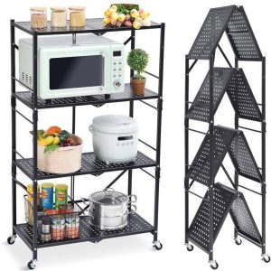 Étagères de rangement à 4 niveaux pliables, capacité de charge de 50 kg, pour cuisine, garage, bureau, entrepôt, atelier, à la maison, étagère non amovible - Couleur noire
