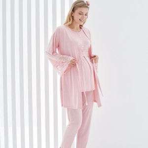 Pyjama dentelle 3 Pièces grossesse et allaitement Ultra Doux : Saumon Clair