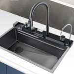 Évier de cuisine Noir à cascade en acier inoxydable, évier de poste de travail Nano avec affichage numérique, robinet extractible, évier de cuisine à encastrer avec accessoires