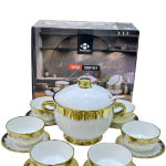 SOUPIÈRE 15 PIÈCES ET 6 BOLS EN PORCELAINE BLANCHE DÉTAILS DORE