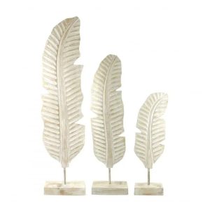 Set de 3 Feuilles de bananier en Bois sculpté 45/65/80cm - Coloris Naturel patiné Blanc