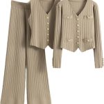 Ensemble 3 pièces en tricot slim vintage pour femme, gilet à col en V + pantalon large taille haute (Standard)