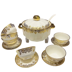 SOUPIÈRE 15 PIÈCES ET 6 BOLS EN PORCELAINE BLANCHE DÉTAILS DORÉS