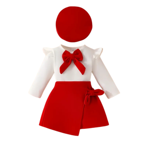 Ensemble 3 pièces jupe/haut à manches longues et chapeau côtelés pour bébés et filles