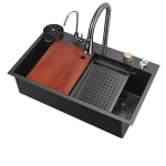 Évier de Cuisine Multifonction Noir avec Robinet Cascade